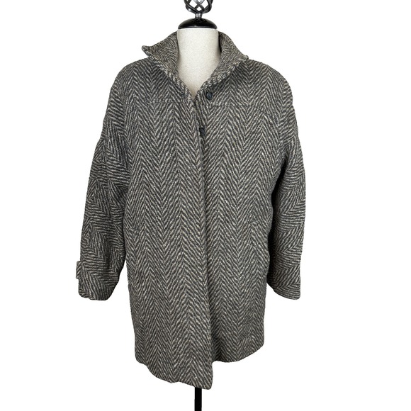 Vtg Eddie Bauer Jacket Womens Sz M Gray Herringbone Wool Goose Down‎ Puffer Coat - Picture 1 of 16